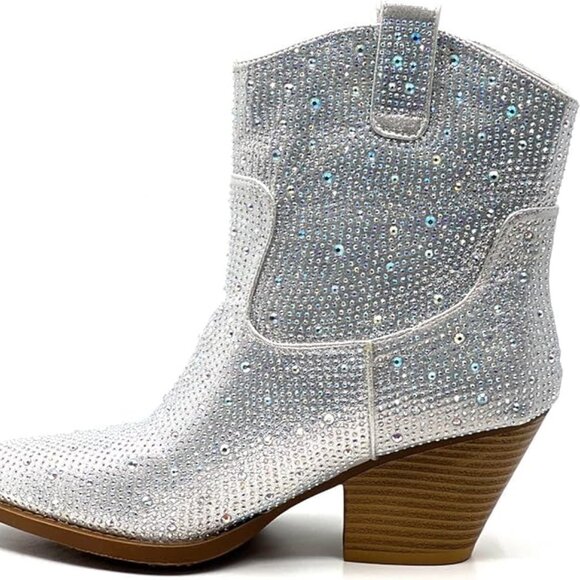 Women's Rhinestone Block Heel Mid Calf Short Boots - Picture 6 of 9